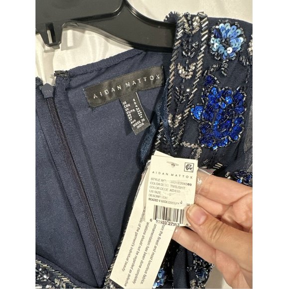 NWT $372 Aidan Mattox [ 0‎ ] Embellished V-Neck Cocktail Dress in Twilight BLUE - Picture 9 of 13